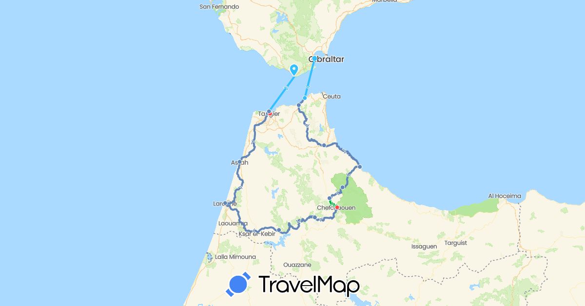 TravelMap itinerary: driving, bus, cycling, hiking, boat in Spain, Morocco (Africa, Europe)