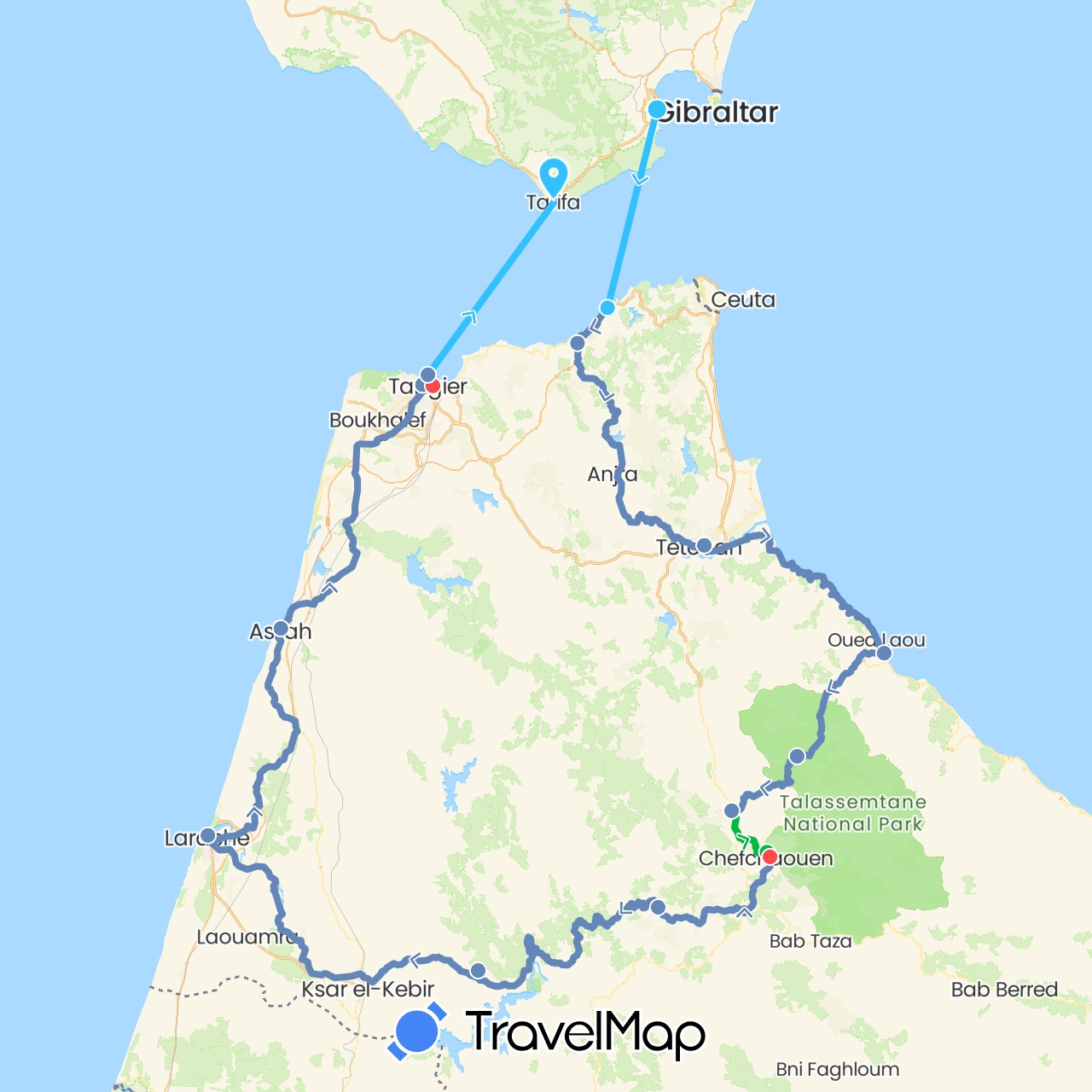 TravelMap itinerary: driving, bus, cycling, hiking, boat in Spain, Morocco (Africa, Europe)